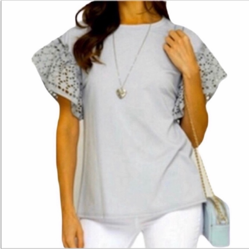 SHE AND SKY ruffle eyelet short sleeves top S